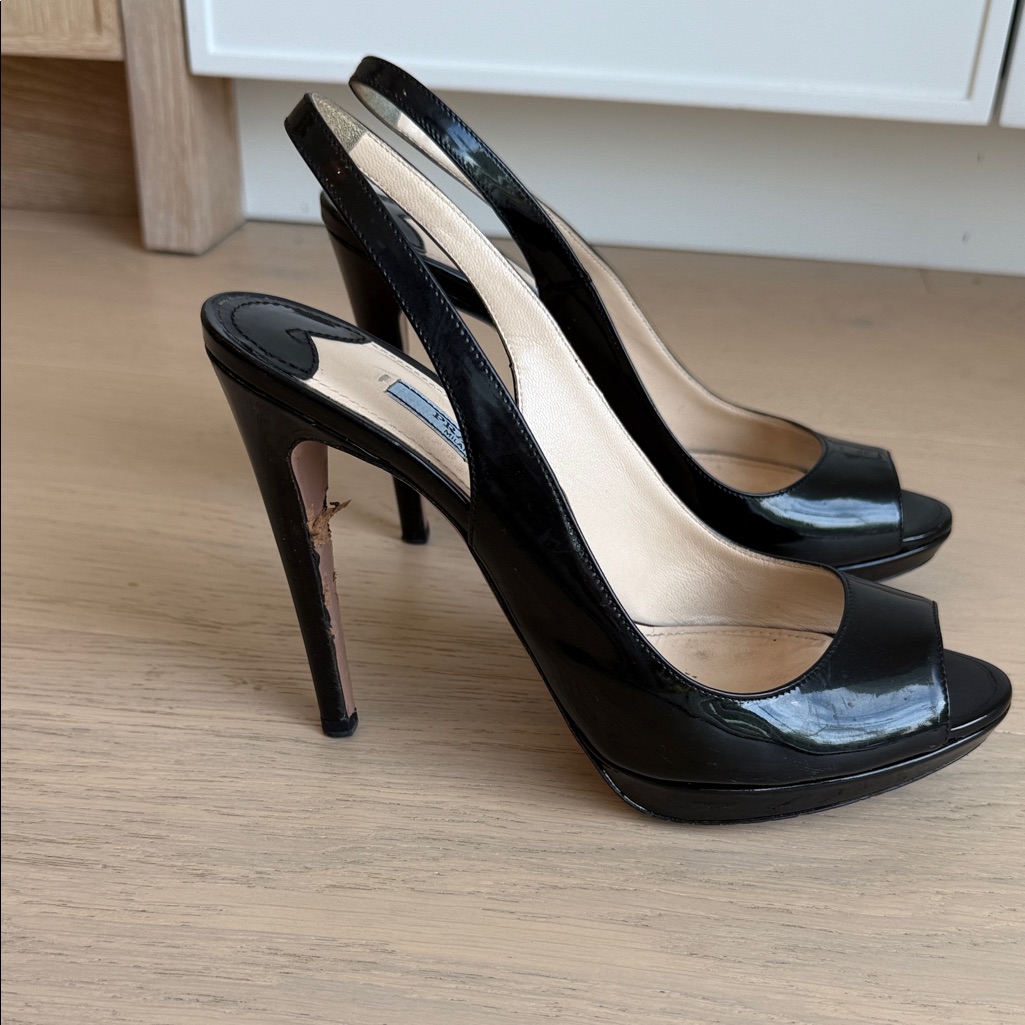 Prada Black Patent Leather Peep Toe Slingback Heels 39 1/2